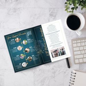May include: An open brochure with teal and gold accents, featuring the text "Your Support Provides" and a list of donation levels. The right side lists "VIP Patrons and Awardees." A cup of coffee, keyboard, and notepad are also visible.