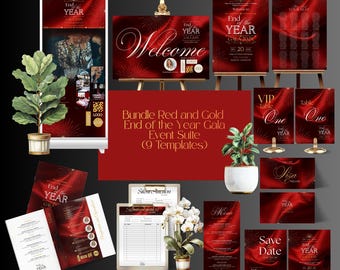 Event Suite Fundraiser Bundle Red and Gold End of the Year Gala NonProfit Business Anniversary Canva Pack Gala Templates Old Hollywood Theme