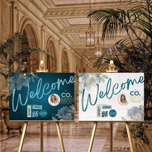 Teal Purple and Gold Floral Company Event Welcome Sign Modern Elegant Auction Gala Night Signage Business Anniversary Banner Canva Template