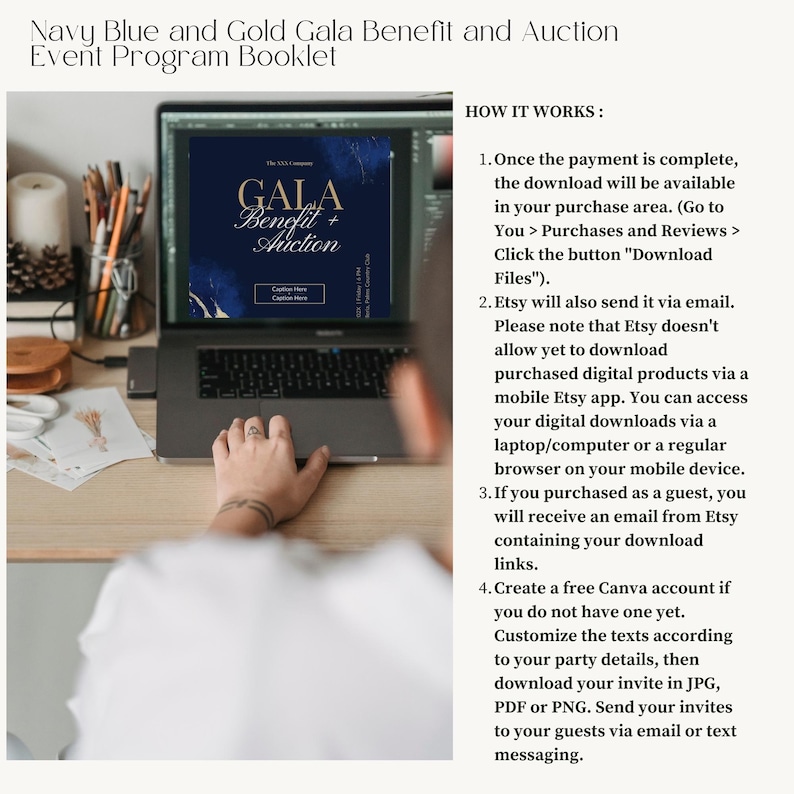 以下が含まれることがあります： ネイビーブルーとゴールドのGala Benefit and Auctionイベントプログラムブックレットが表示されたラップトップ。画面には「GALA Benefit + Auction」の文字が入ったデザインが表示されています。デジタル製品のダウンロード方法の説明が右側にあります。