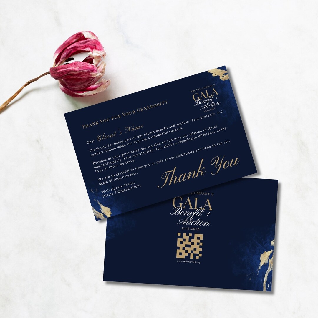 Navy Blue & Gold Thank You Card Template, Nonprofit Gala Benefit ...