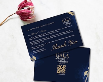 Navy Blue & Gold Thank You Card Template, Nonprofit Gala Benefit Auction Printable, Elegant Donor Appreciation Card, Editable Canva Template