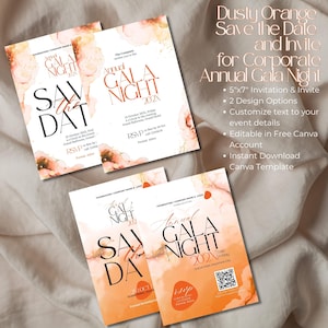 Könnte beinhalten: Vier rechteckige Einladungskarten mit abstrakten Aquarellmustern in Stauborange und Weiß. Der Text lautet Annual Gala Night 202X, Save the Date und RSVP-Details. Die Karten messen 12,7 cm mal 17,8 cm und enthalten einen QR-Code.