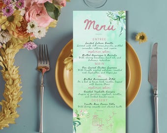 Bridal Shower Menu Card Green and Pink Spring Florals Scribbles and Doodles Bachelorette Party Menu Card Digital Download Canva Template