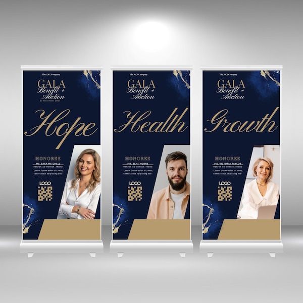 Navy Blue and Gold Corporate Gala Night Benefit Auction, Business Event Signage, Editable Canva Sign, Retractable Banner Design Template