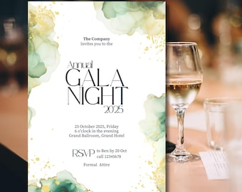 Inbjudan till gala i dammgrönt och guld: Minimalistiskt företagsevenemang (PDF och JPG)