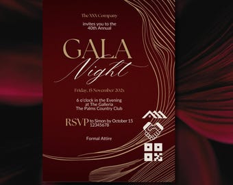Elegant Gala Night Invitation Burgundy Red and Gold Business Anniversary Corporate Luxury Annual Ball Invite Canva Template Digital Download