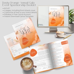 Op de afbeelding: Een sjabloon voor een jaarlijks gala-sponsoringboekje in stoffig oranje met een achtergrond in aquarel-stijl. Het ontwerp bevat de tekst Annual Gala Night 202X, Exclusive Sponsorship Opportunities en verschillende sponsorniveaus met selectievakjes.