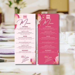 Cardápio para Mulheres, Almoço Rosa e Dourado, Leilão Beneficente, Arrecadação de Fundos para Organizações Sem Fins Lucrativos, Gala Anual, Função Corporativa, Cardápio, Cartões de Lugar, Modelo Canva