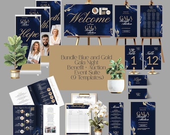 Gala Night Event Suite Fundraiser Bundle Navy Blue and Gold Benefit Auction Non-Profit Business Anniversary Canva Pack Gala Templates