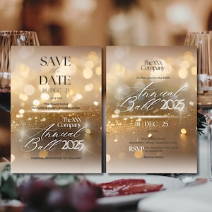 Könnte beinhalten: Zwei formelle Einladungen mit goldenem und glitzerndem Hintergrund. Der Text auf der linken Einladung lautet "Save the Date" und "Annual Ball 2025". Die rechte Einladung lautet "Annual Ball 2025" und enthält RSVP-Informationen.