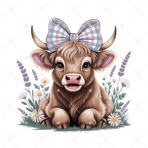 Coquette Highland Cow Png, Farm Animal Clipart, Printable Cow, Baby Cow Nursery Art, Cow Lover Png, Digital Download Floral, Cow Lover Png