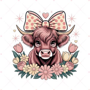 Coquette Highland Cow Png, Farm Animal Clipart, Printable Cow, Baby Cow Nursery Art, Cow Lover Png, Digital Download Floral, Cow Lover Png