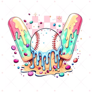 Retro Baseball Ice Cream Drip PNG: Sublimation Design