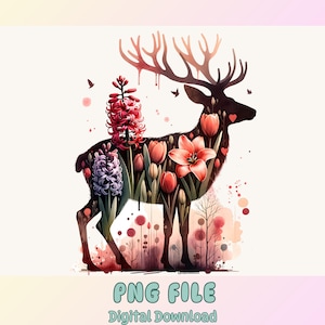 Aquarell Blumen Hirsch Clipart Set: Waldland PNG Bilder (Sublimation Design