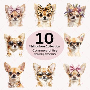Watercolor Chihuahua Clipart Bundle: 10 PNG Images (Digital Download)