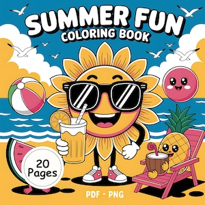 Summer Fun Coloring Book: 20 Easy Beach-Themed Pages (PDF & PNG Digital Download