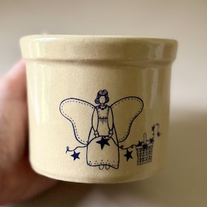 Vintage RRP Co Roseville Ohio Pottery Crock | 1 Pt Stoneware Planter | Blue Folk Art Angel Decor | Primitive Country Cottage Utensil Jar