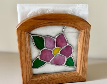 Vintage Stained Glass Napkin Holder | Oak Wood Pink Flower Slag Glass | Handcrafted Boho Kitchen Decor | Retro 1980s Cottagecore Tableware