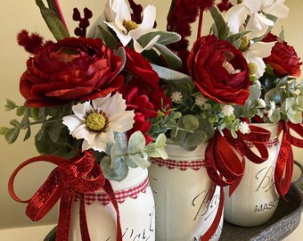 Valentines Day Tiered Tray, Valentines Day Decor, Valentines Mason Jar Centerpiece with bows, Holiday Centerpiece