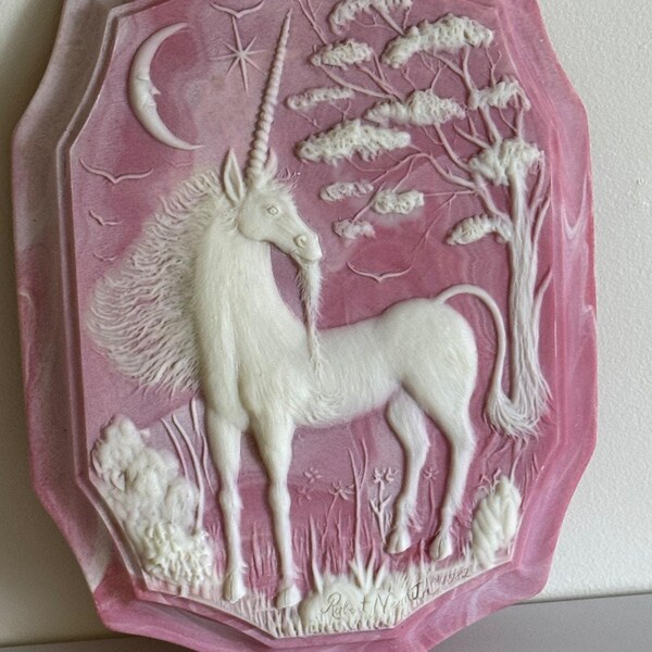 Vintage Stone Incolay Unicorn Carved Wall Plaque Pink & White