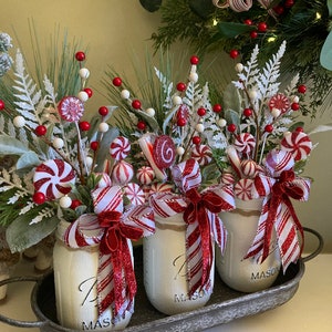 Christmas Mason Jar Centerpiece with bows, Holiday Centerpiece