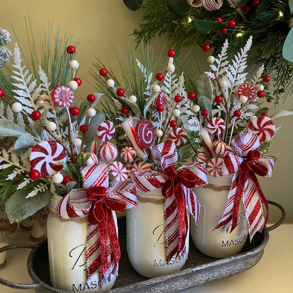 Christmas Mason Jar Centerpiece with bows, Holiday Centerpiece