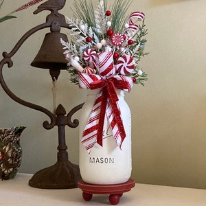 Christmas Mason Jar with bows, Holiday Centerpiece