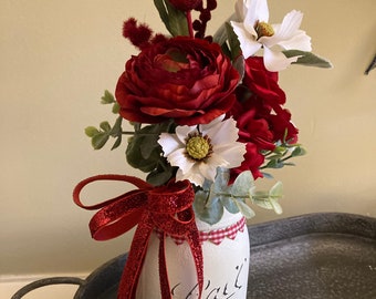 Valentines Day Tiered Tray, Valentines Day Decor, Valentines Mason Jar Centerpiece with bows, Holiday Centerpiece