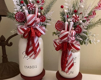 Christmas Mason Jar with bows, Holiday Centerpiece