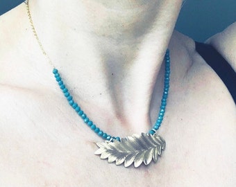 Leaf necklace, Gold Leaf necklace, Leaf pendant, Turquoise necklace, Blue necklace, Fall necklace, Glass necklace, Gingko leaf necklace