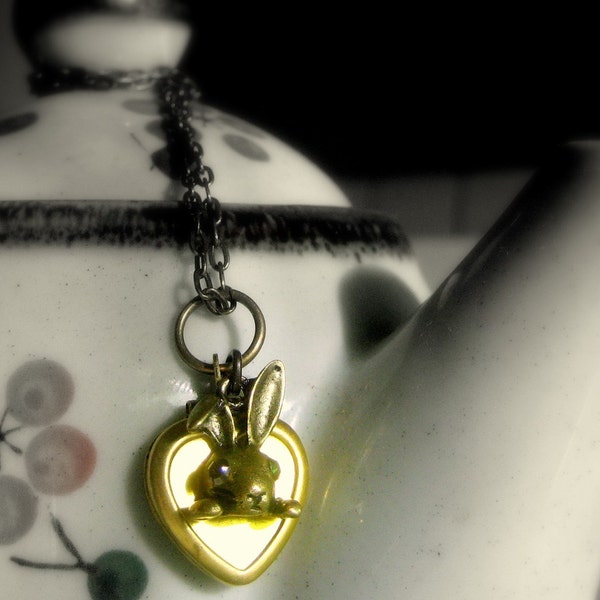 Heart necklace,Heart locket,Rabbit locket,Alice wonderland locket,Alice wonderland necklace,Wonderland rabbit locket,White rabbit necklace