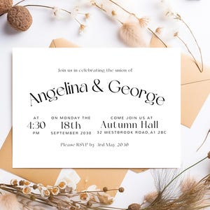 Invitación de boda moderna, diseño minimalista y elegante, plantilla digital editable, descarga instantánea, formato horizontal.