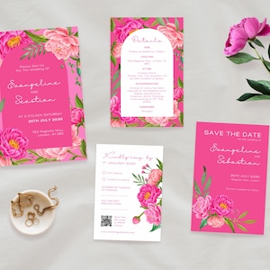 Bearbeitbare rosa Blumenhochzeitseinladungs-Vorlage, Speichern Sie das Datum, Antwortkarte, Detailkarte, sofortiger Download, Boho Peony Design