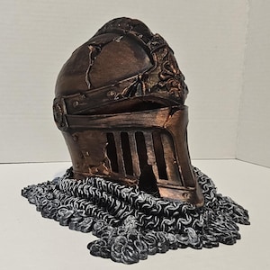 Hand painted Medieval Fallen Warrior knight&#39;s helm with chainmail stand - see description for 14% discount code, valid thru Oct. 01, 2025