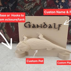 Pode incluir: Placa personalizada bege para animais de estimação com uma figura de dragão barbudo e o nome "Gandalf" em uma fonte personalizada. A placa tem uma base e é projetada para um recinto ou tanque.