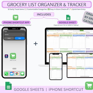 Grocery List Organizer | Groups by Category | Google Sheets and iPhone Shortcut | Meal Planner, Custom Categories, Shareable Grocery Tracker