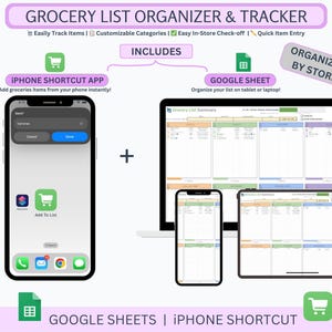 Grocery List Organizer | Groups by Store | Google Sheets and iPhone Shortcut | Meal Planner, Custom Categories, Shareable Grocery Tracker