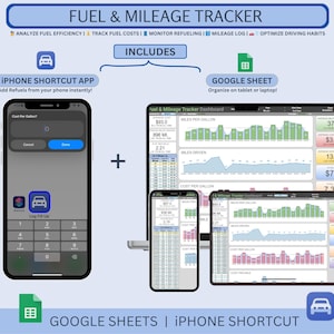 Fuel and Mileage Tracker| Google Sheets Template with iPhone Shortcut | Track Gas Costs, MPG, and Gas Mileage | Track Refueling Stats