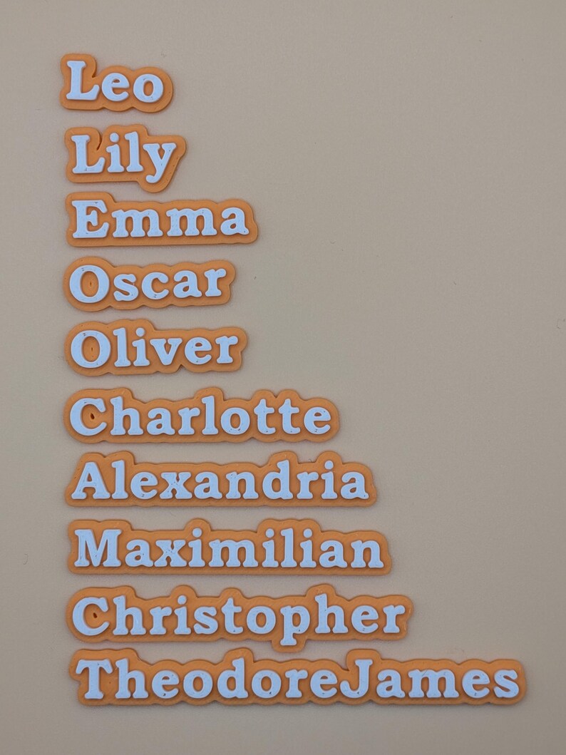Może przedstawiać: Kolekcja wyciętych imion w białych literach z pomarańczową obw&oacute;dką. Imiona to: Leo, Lily, Emma, Oscar, Oliver, Charlotte, Alexandria, Maximilian, Christopher i TheodoreJames.