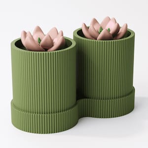 May include: Two green cylindrical planters with vertical ribbed detailing. Each planter holds a pink succulent with green accents. The planters are connected at the base, creating a unique, modern design for home decor.