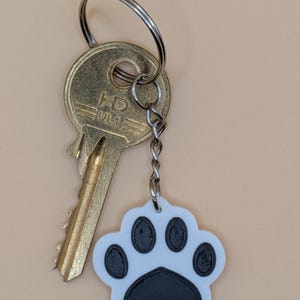 May include: A gold-colored key with a silver keyring and a white and black paw print keychain. The paw print has a black pad and black toe prints. The key is attached to a small chain.