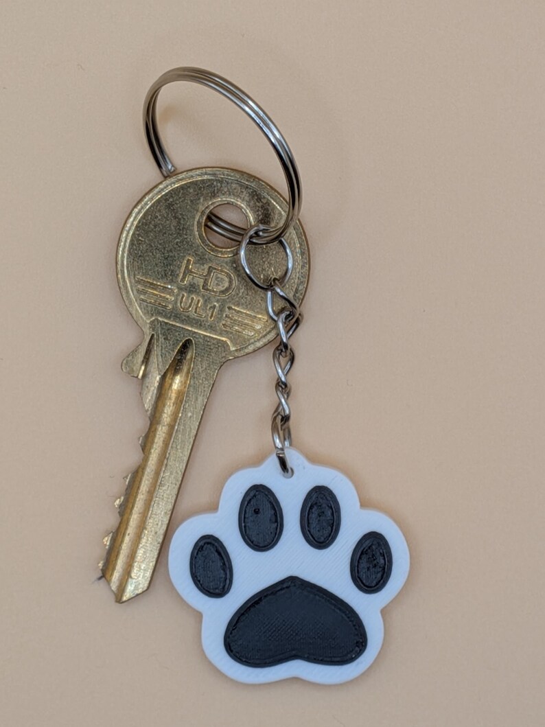 May include: A gold-colored key with a silver keyring and a white and black paw print keychain. The paw print has a black pad and black toe prints. The key is attached to a small chain.