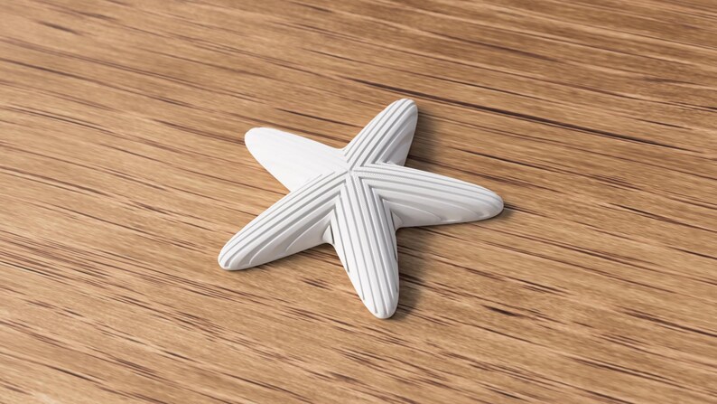 May include: A white starfish with textured, ridged detailing. The five-pointed sea creature is resting on a wooden surface with a natural grain pattern. The starfish is a decorative item, possibly for coastal or nautical themed decor.