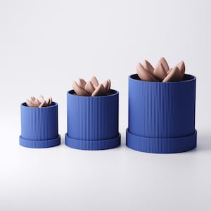 May include: Three blue cylindrical planters of varying sizes, each with a ribbed texture and a matching saucer base. The planters contain faux succulents with light brown, petal-like leaves. The arrangement is set against a white background.