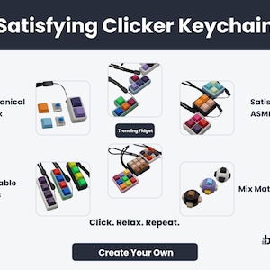 May include: An advertisement for a satisfying clicker keychain. The image features various colorful keychains with the text "Satisfying Clicker Keychain", "Real Mechanical Click", "Customizable Colors", "Trending Fidget", "Satisfying ASMR Feel", and "Mix Match Styles". The text "Click. Relax. Repeat." is also included.