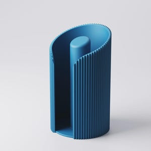 May include: A contemporary blue paper towel holder with a distinctive, curved form. The holder has vertical ridges on the outside and a central, cylindrical post. The overall shape is a stylized, open cylinder, suitable for a modern kitchen.