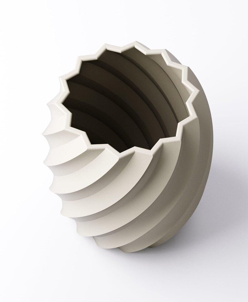 May include: A cream-colored, spiral-shaped vase with a geometric, star-like rim. The vase has a textured, ridged design that wraps around the body. The interior is a darker shade of gray. The vase is set against a white background.