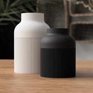 May include: Two modern ceramic vases. One is white, the other is black. Both have a cylindrical shape with a ribbed texture on the lower half. The vases are displayed on a wooden surface, with a blurred background of greenery and abstract art.