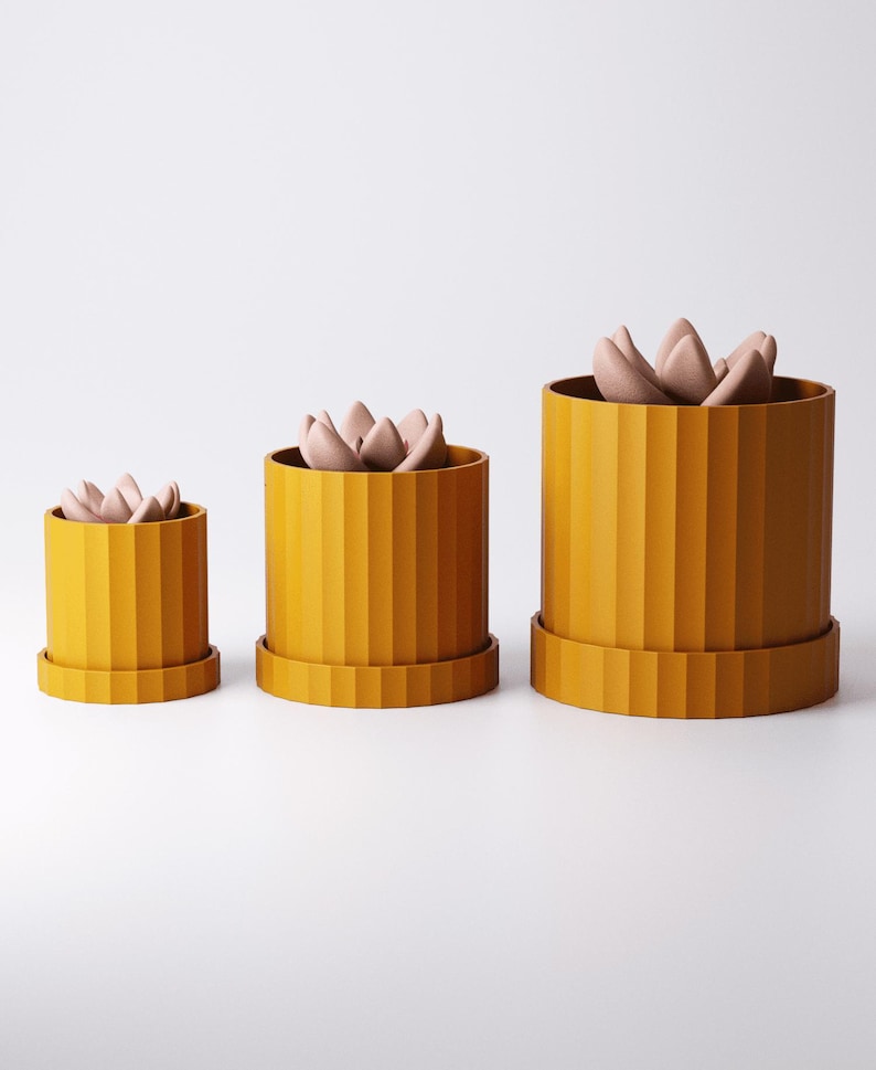 Puede incluir: Tres macetas cil&iacute;ndricas de color amarillo mostaza de diferentes tama&ntilde;os, cada una con una textura acanalada vertical y una bandeja base circular a juego. Dentro de cada maceta hay una suculenta de color malva claro con hojas redondeadas.